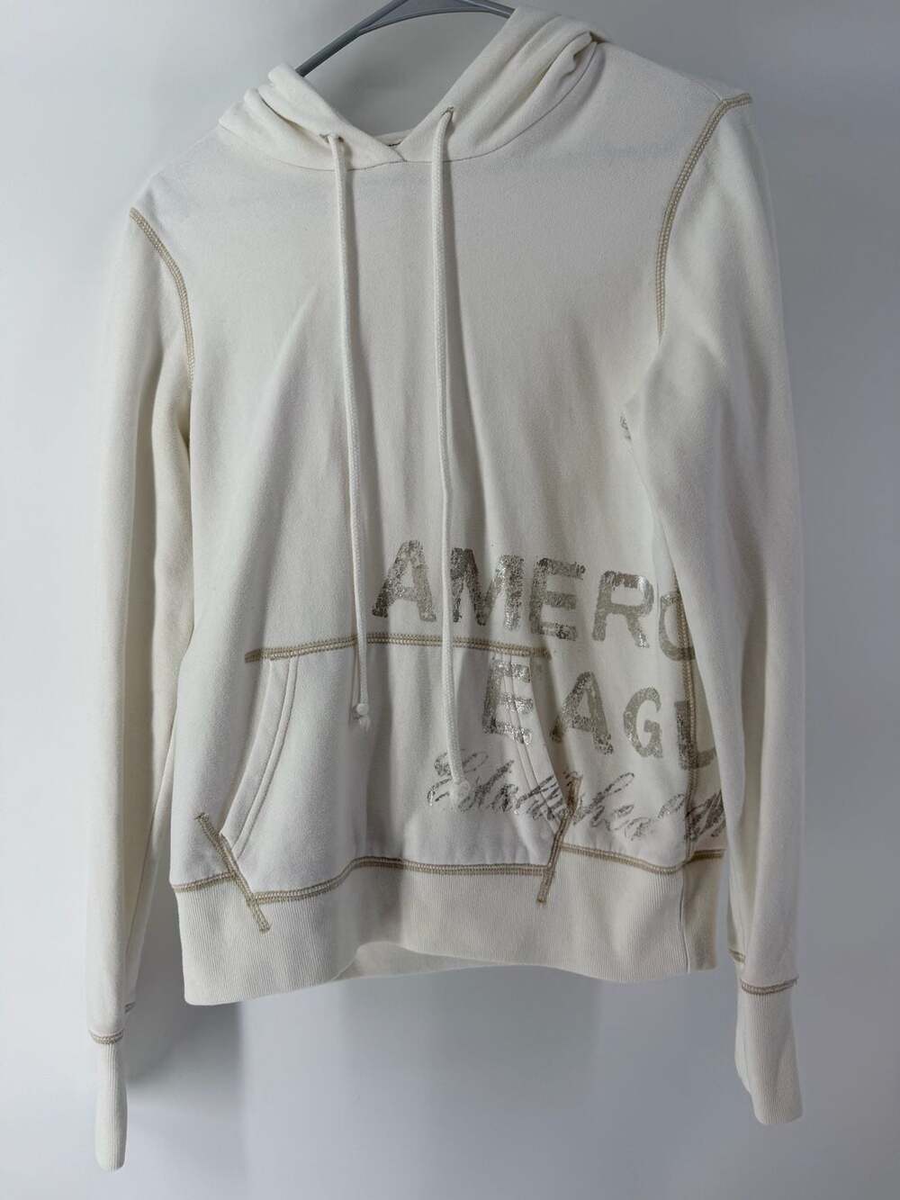American Eagle Outfitters Y2K Eagle Fleece Hoodie Small Cream Metallic Logo